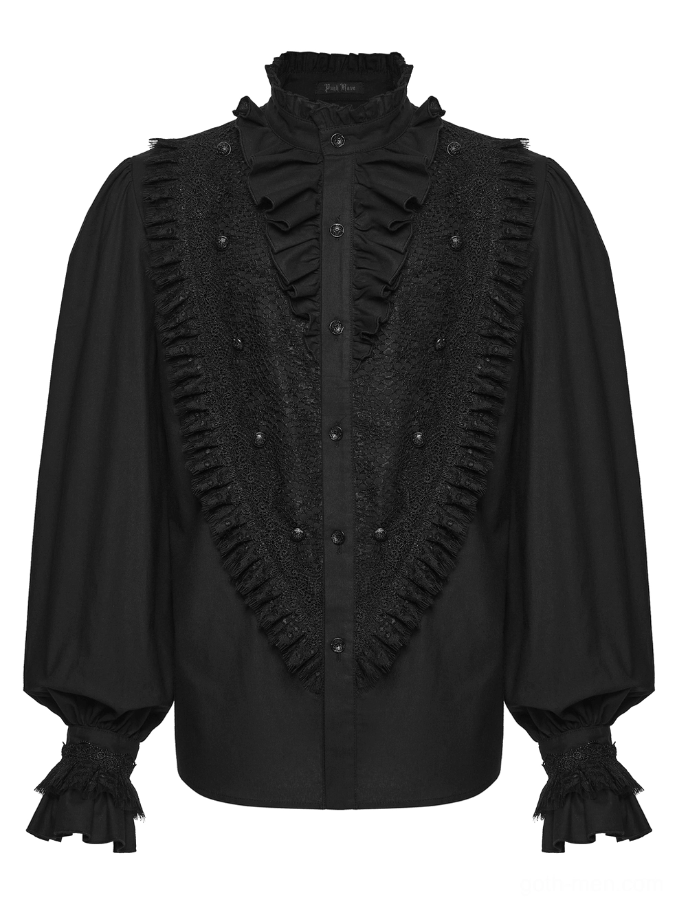 Black gothic shirt front flat lay close-up - heart-shaped lace decorative panel with button placket and ruffled details