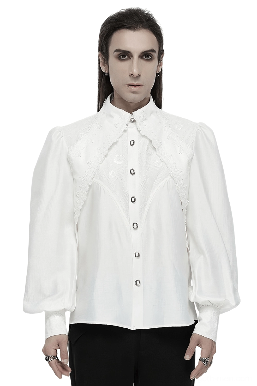 Men's gothic white lace button-up shirt front view with dramatic bubble sleeves and stand collar
