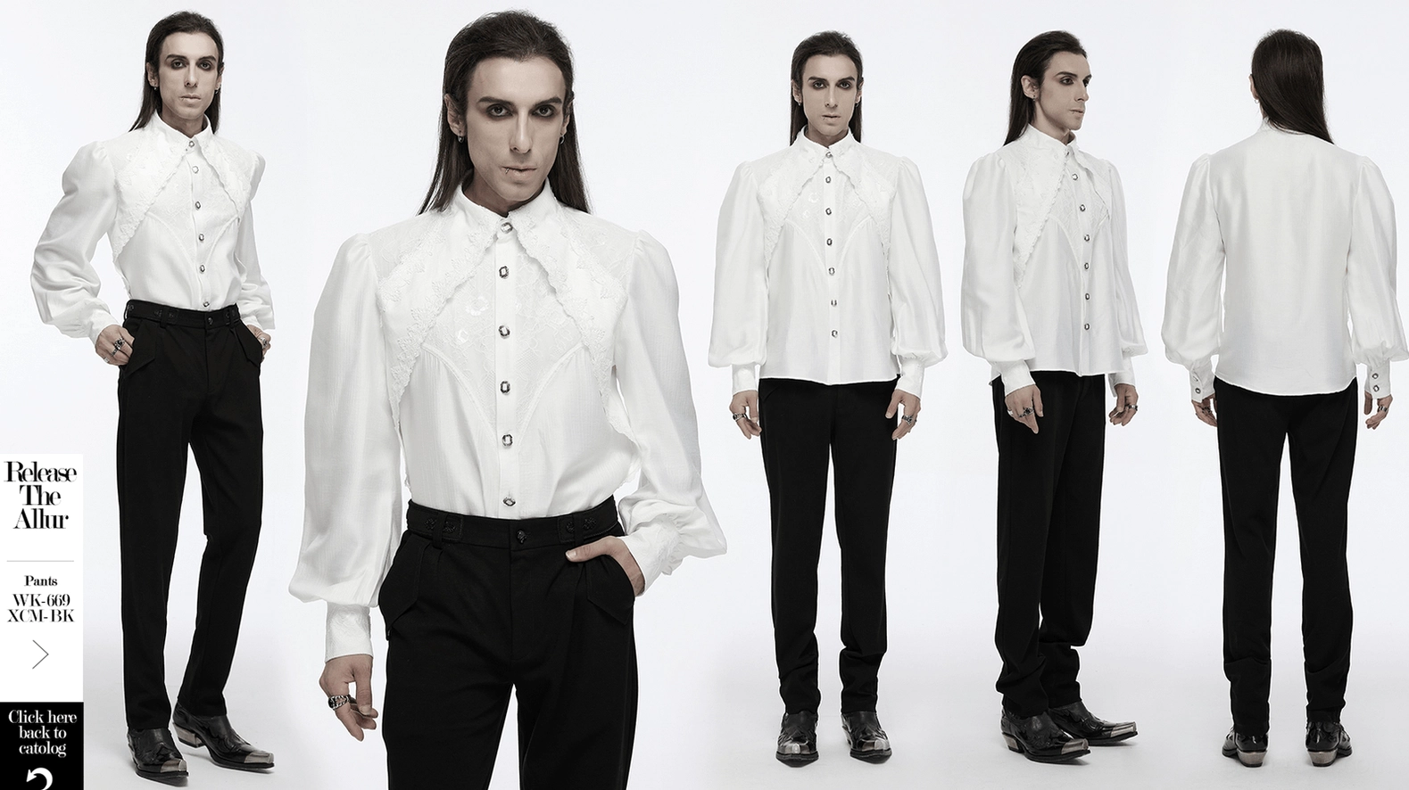Men's gothic white lace button-up shirt model styling back view showing sleeve detail