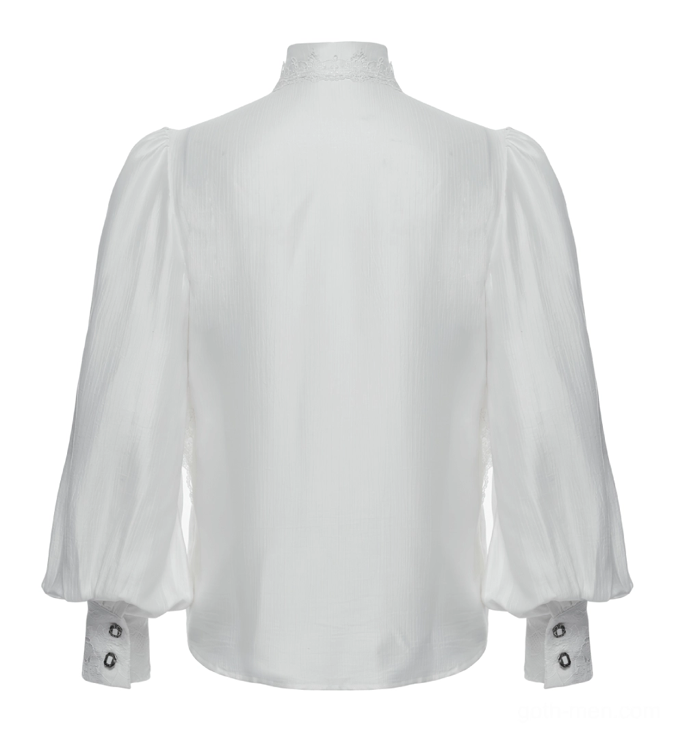 Rear flat view of gothic men's lace shirt with solid back panel and dual-button cuffs