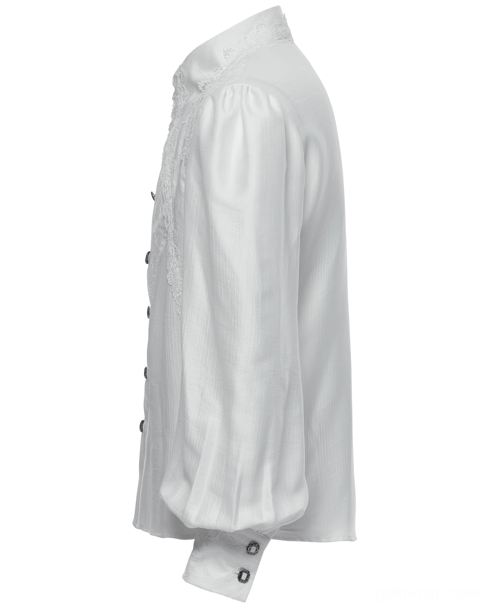 Left side view of men's gothic lace shirt showing puff sleeves and side button placement