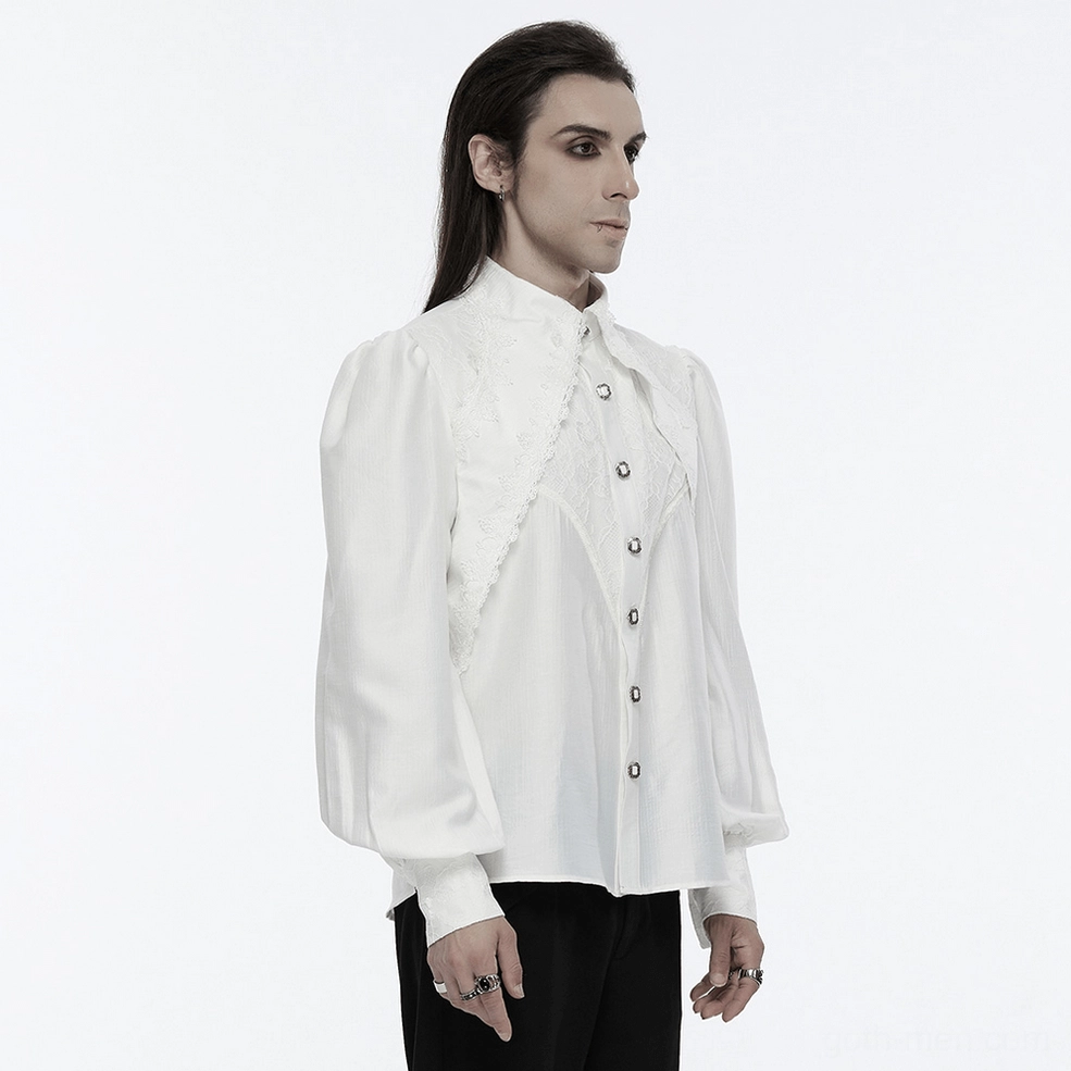 Alternative angle of men's gothic lace shirt showing texture and luminous white fabric quality