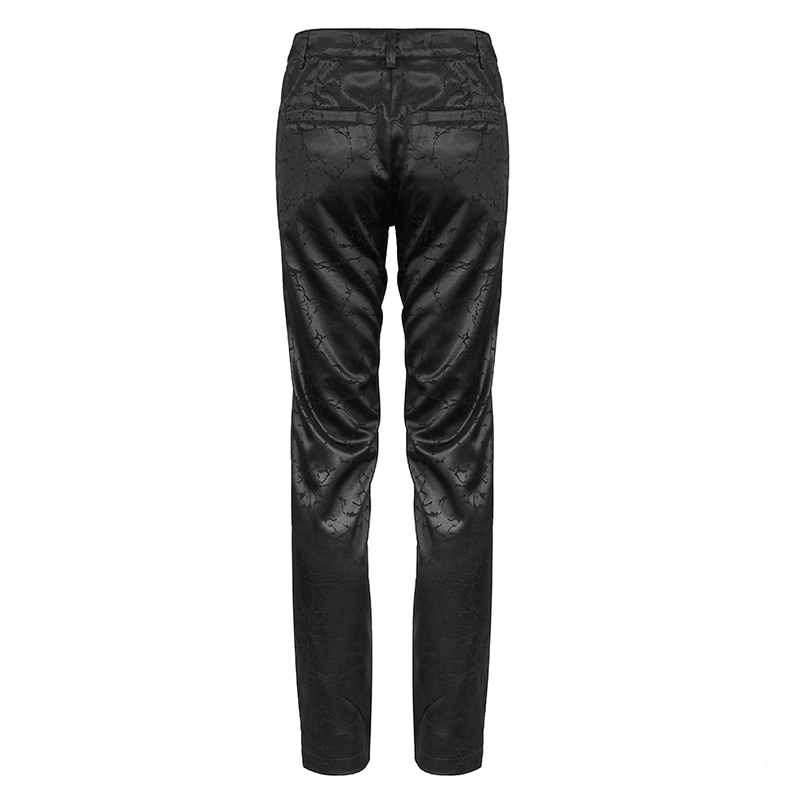 Black gothic trousers rear flat view showing functional cargo pockets and matte jacquard fabric finish