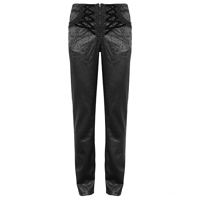 Black gothic cargo pants front low-angle view emphasizing front zipper closure and ornamental lace-up waist detail