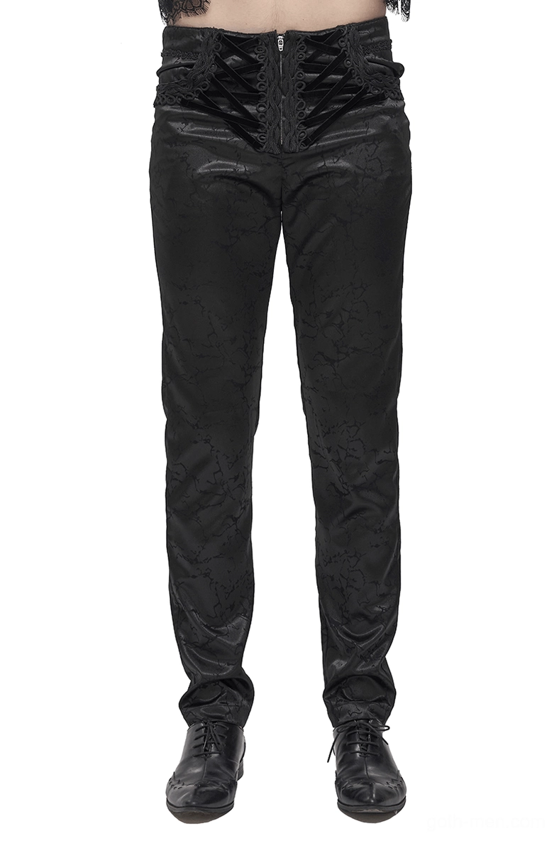Black gothic lace-up cargo pants front view with ornate jacquard pattern and velvet lace-up waist closure