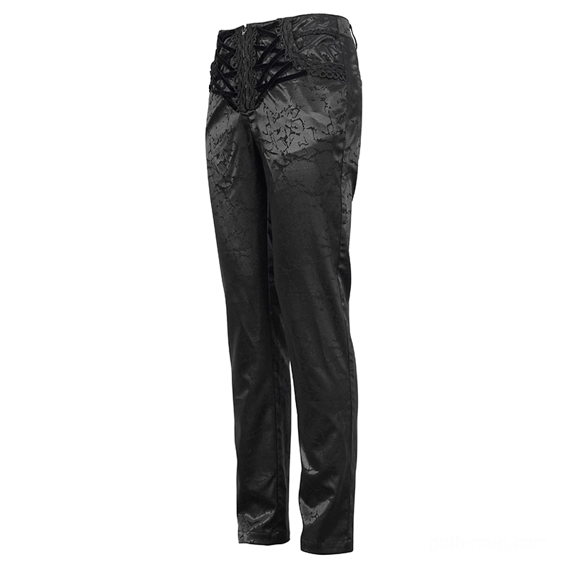 Black gothic men's lace-up pants side oblique angle highlighting straight-leg silhouette and jacquard patterning