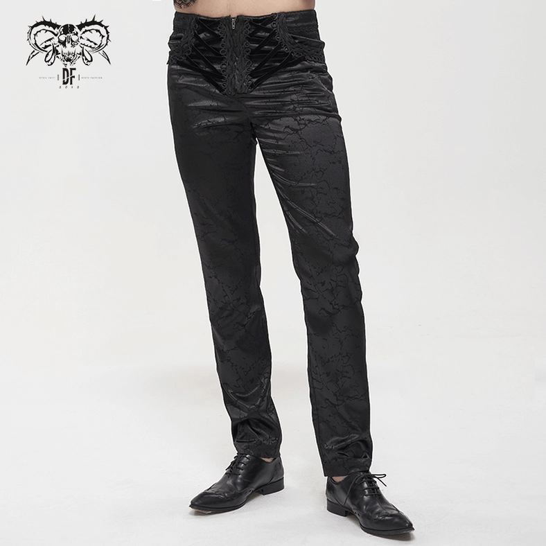 Black gothic men's cargo pants detail showcasing lace-up closure system and ornamental waist treatment
