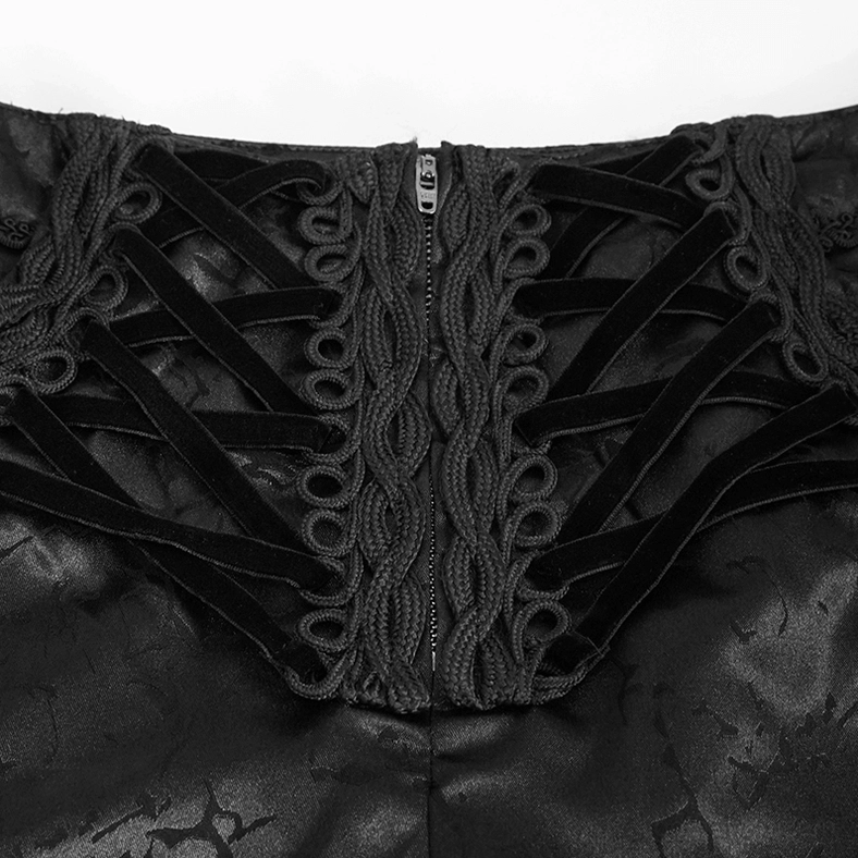 Black gothic lace-up cargo pants flat lay showing full silhouette and structural design elements