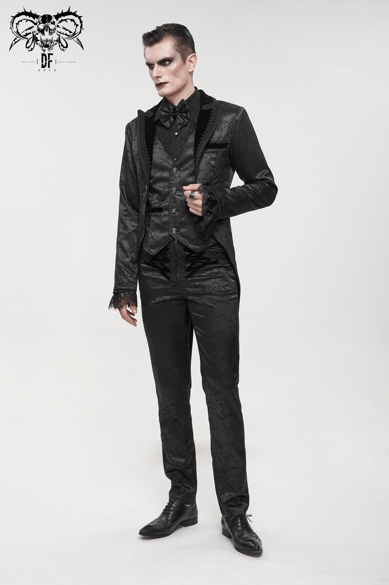 Black gothic men's lace-up cargo pants detail emphasizing ornate design and premium jacquard construction