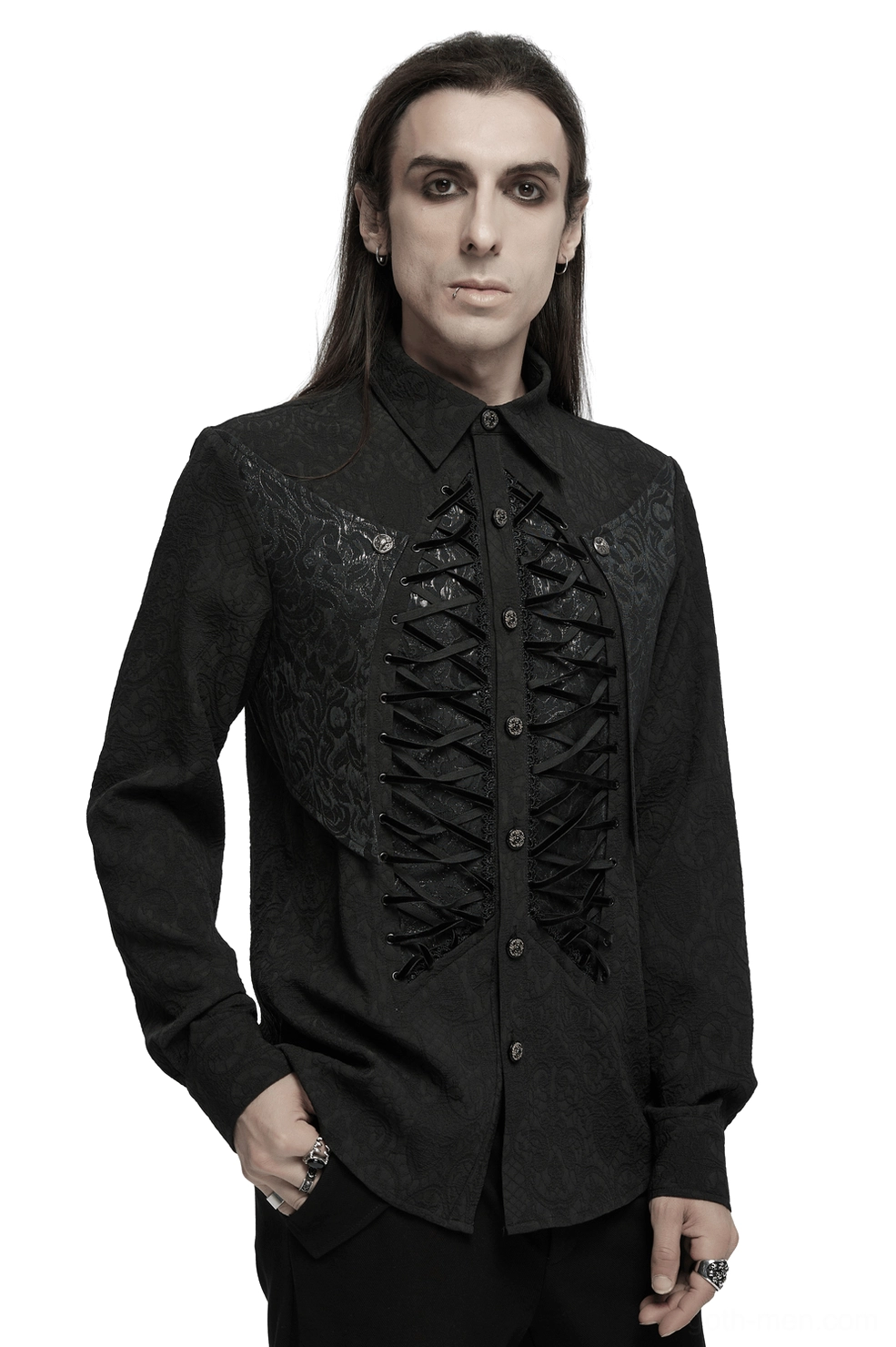 Gothic lace-up corset shirt front view black brocade damask pattern model