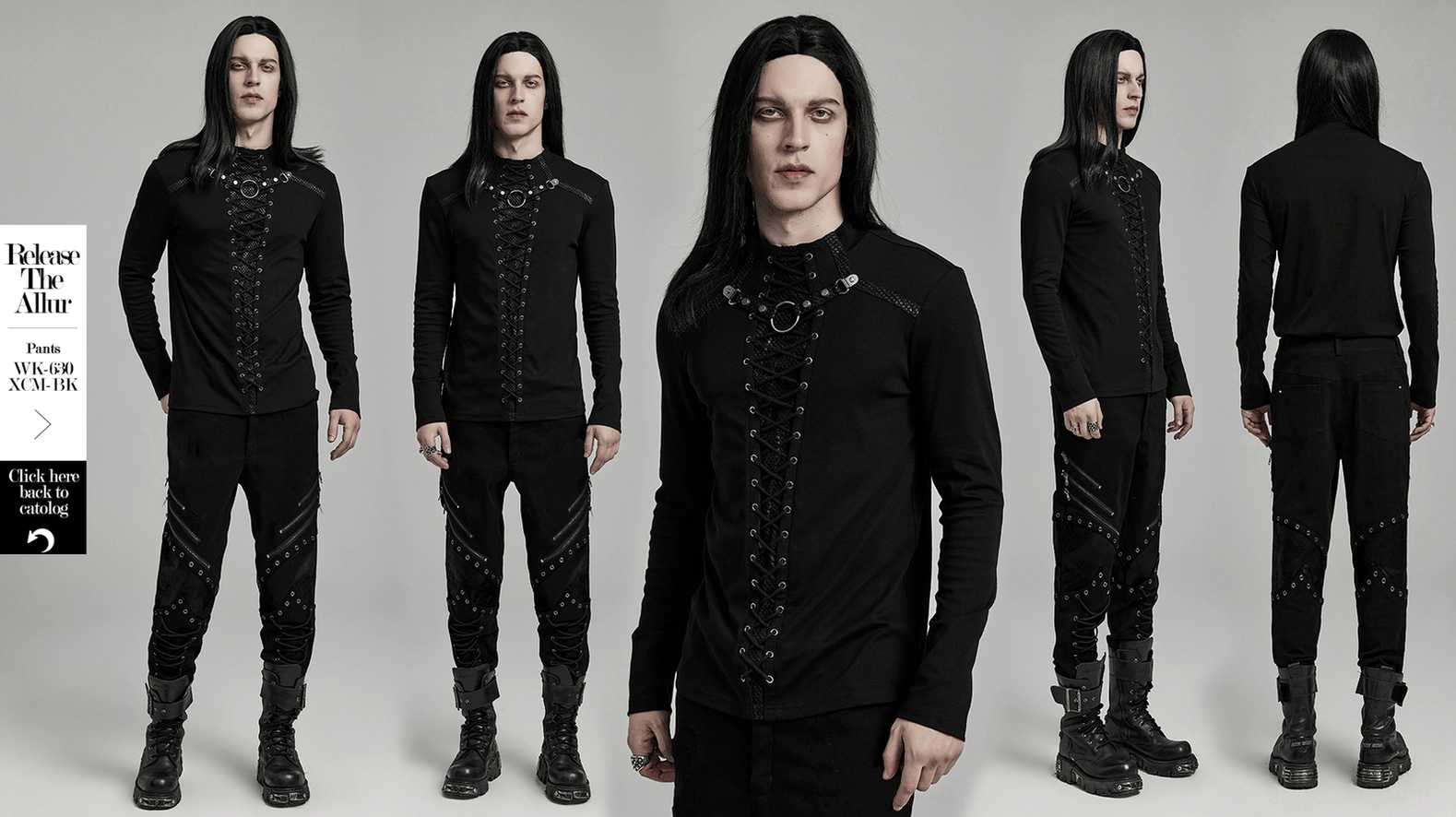 Black gothic lace-up mesh long sleeve top product display full garment view
