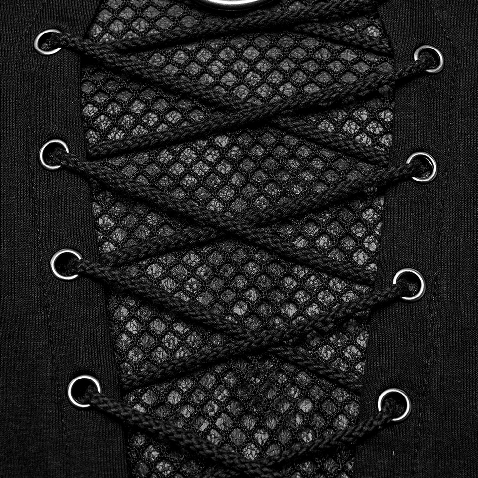 Close-up detail of black gothic lace-up mesh panel showing braided lace and metal eyelets