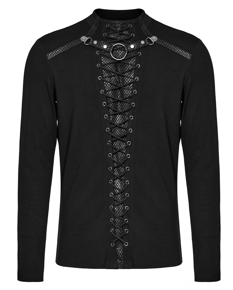 Front flat lay of black gothic lace-up mesh top with metal hardware and stand collar