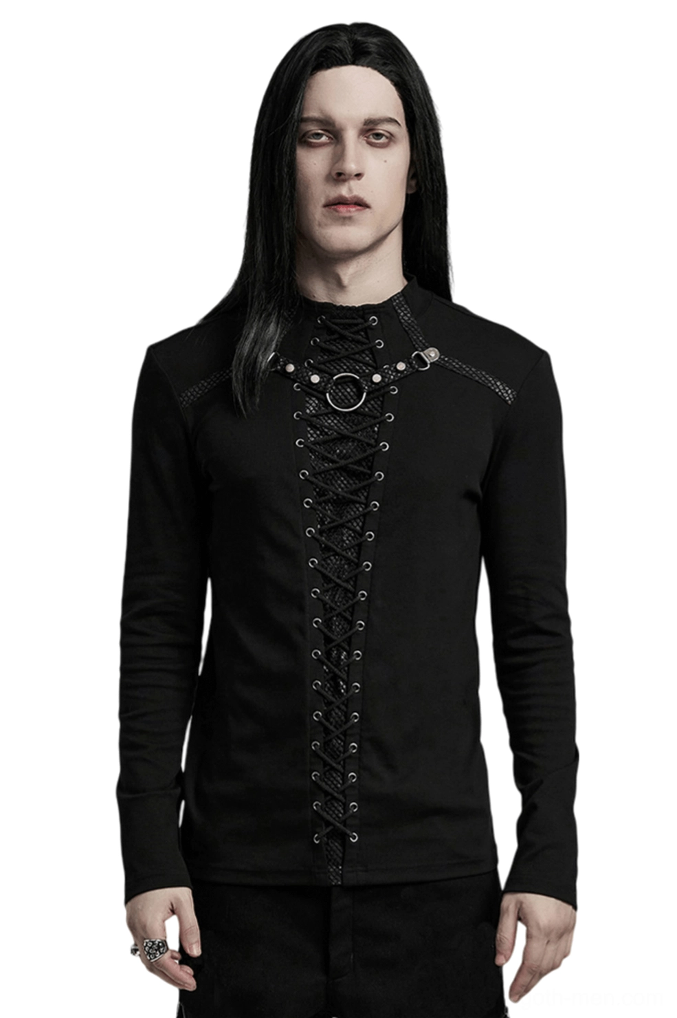 Black gothic lace-up mesh long sleeve top with iron ring detail front view worn by model