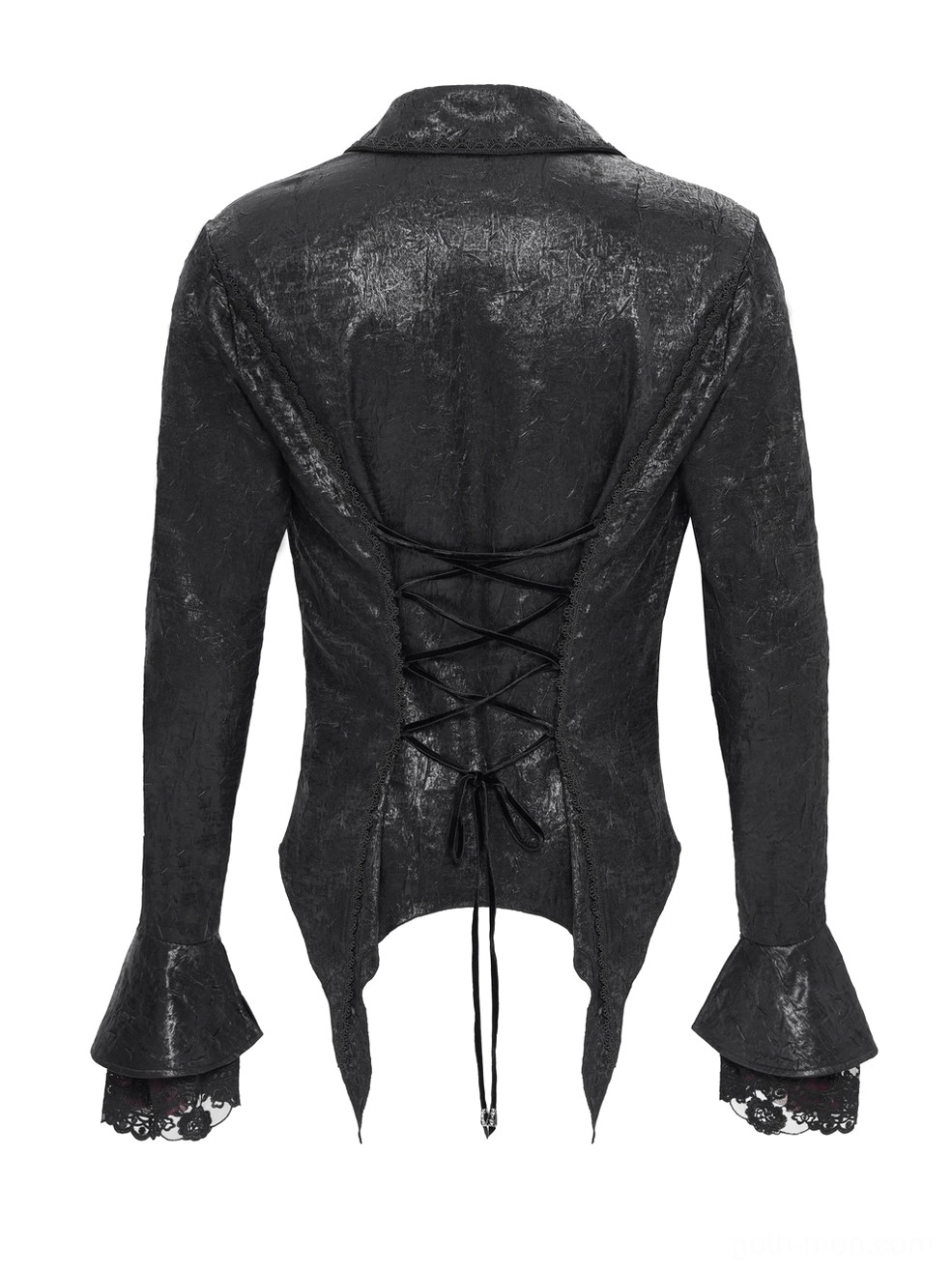 Men's gothic lace-up shirt back flat lay showing corset back lacing and lace-trimmed cuffs