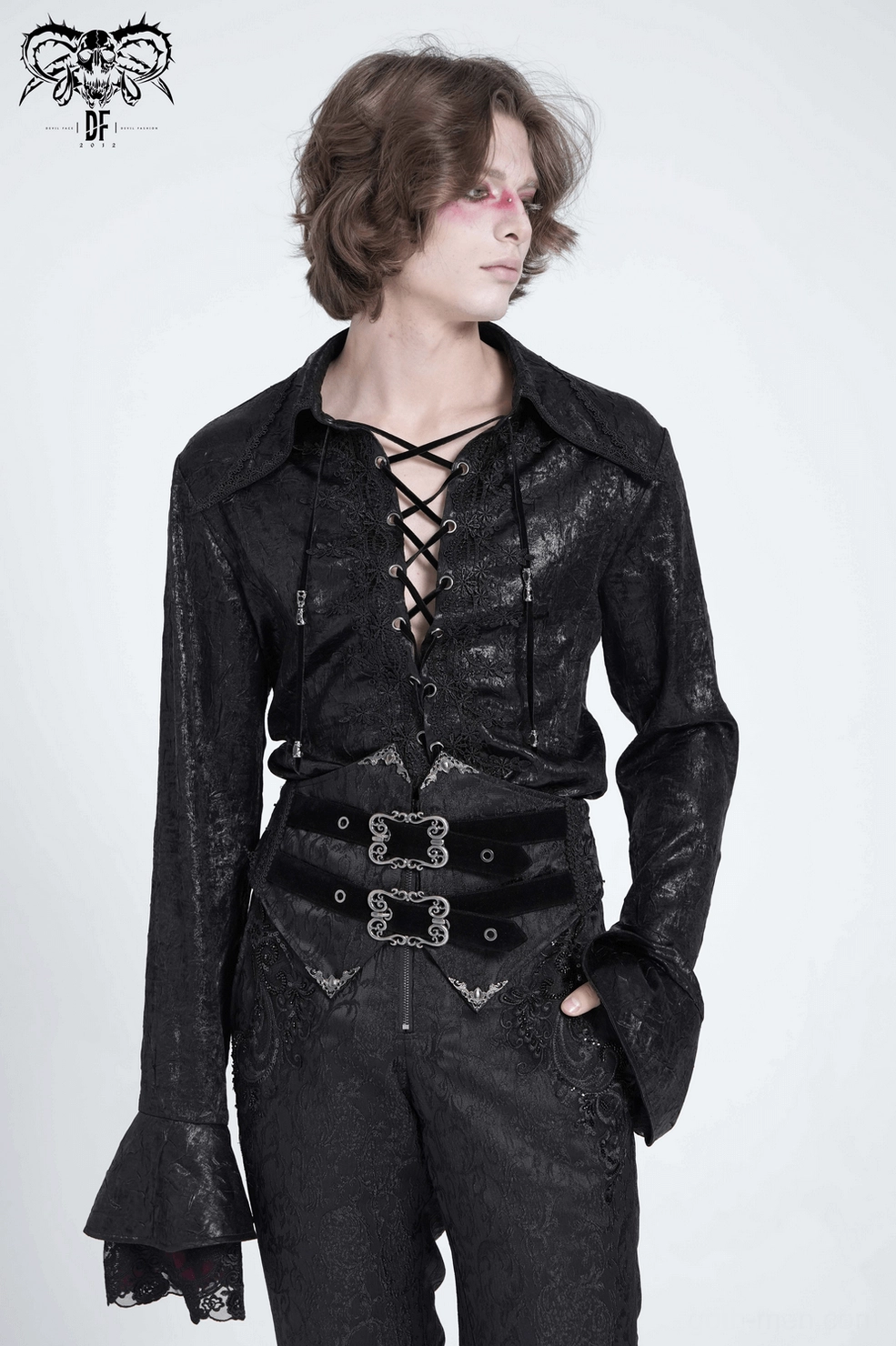 Men's gothic lace-up shirt full length back view demonstrating asymmetric tail hem design