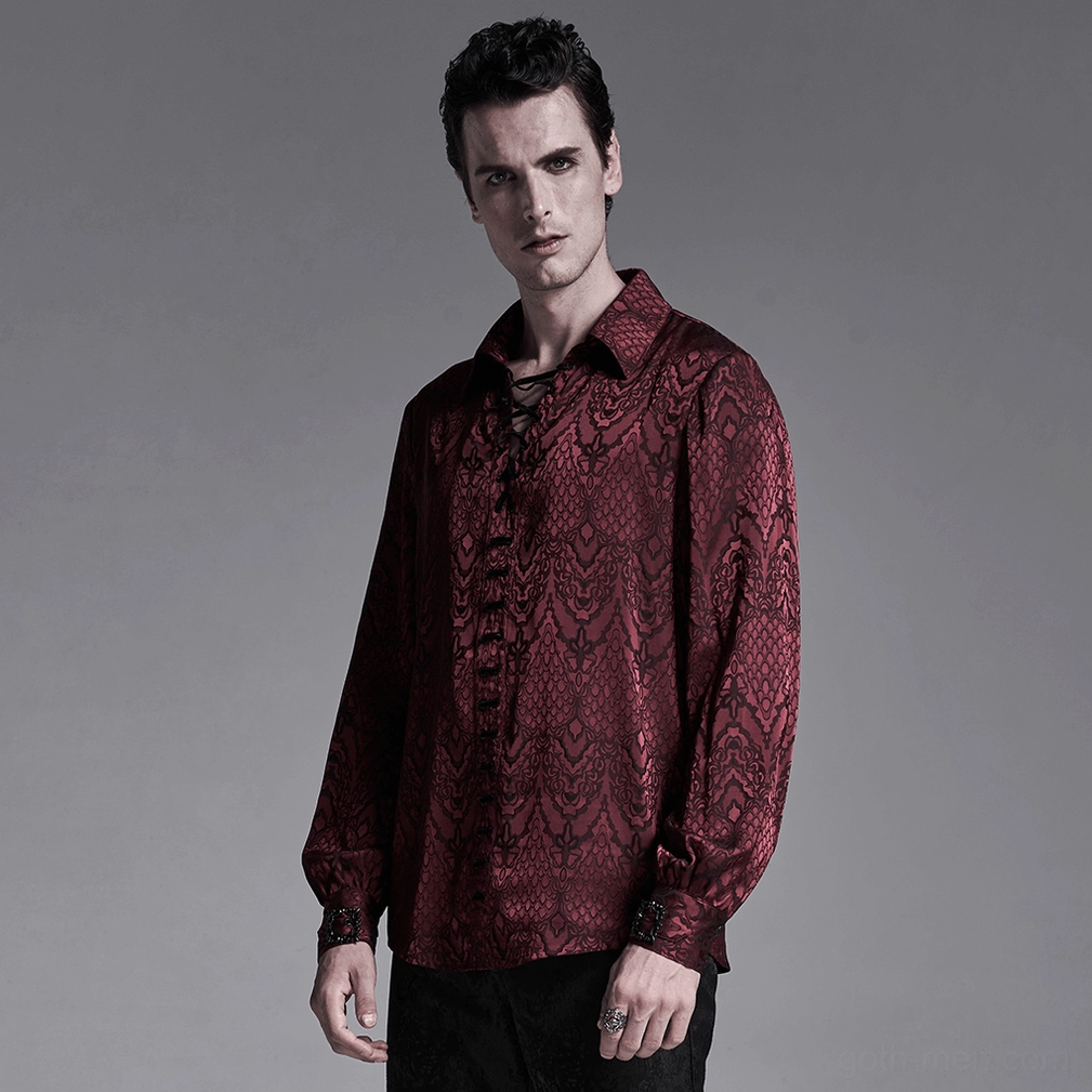 Men's burgundy gothic jacquard lace-up shirt on model showing full-length view and fitting proportions