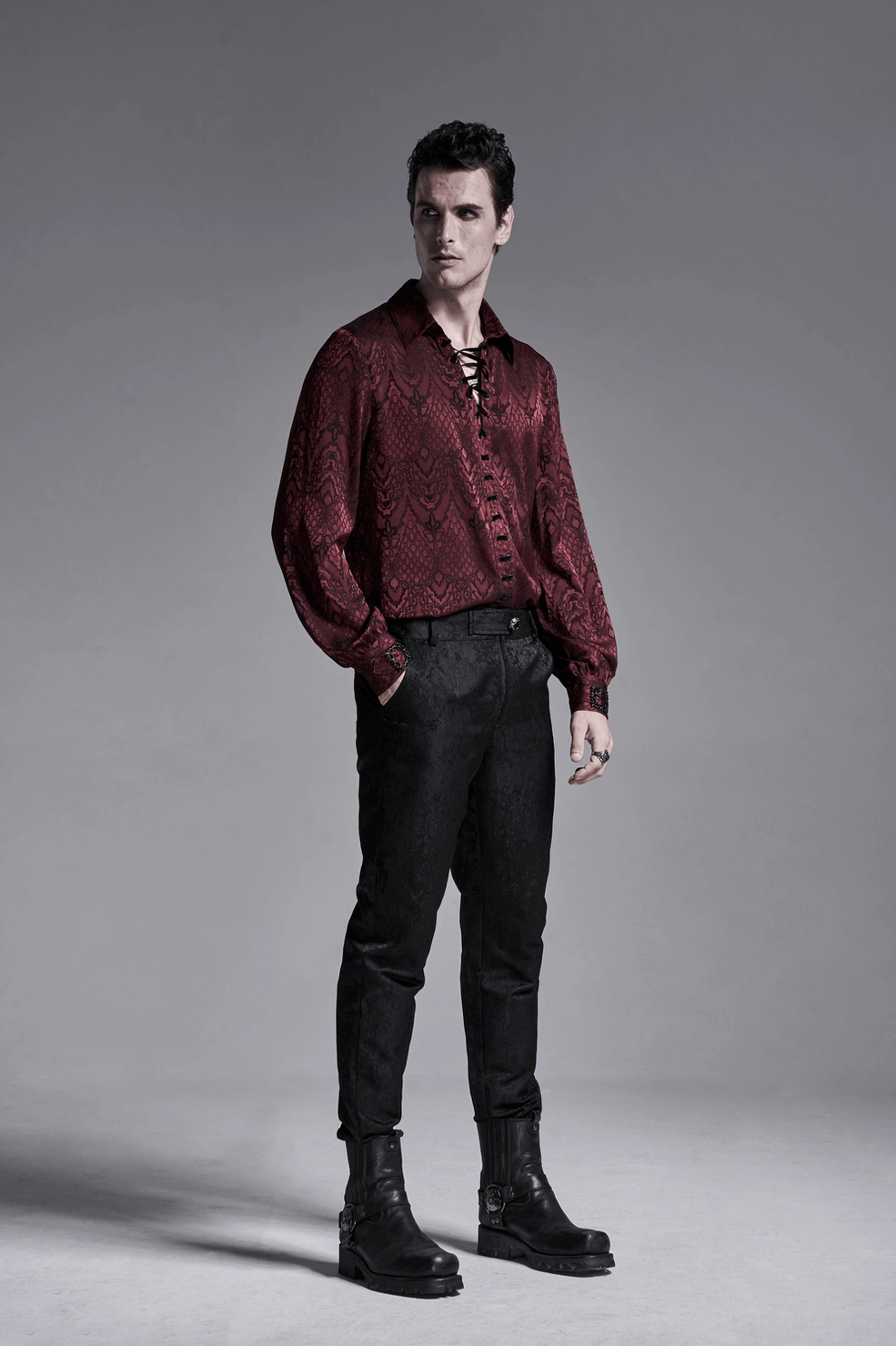 Men's gothic lace-up shirt close-up of front lace and collar showing vintage lacing system and point collar