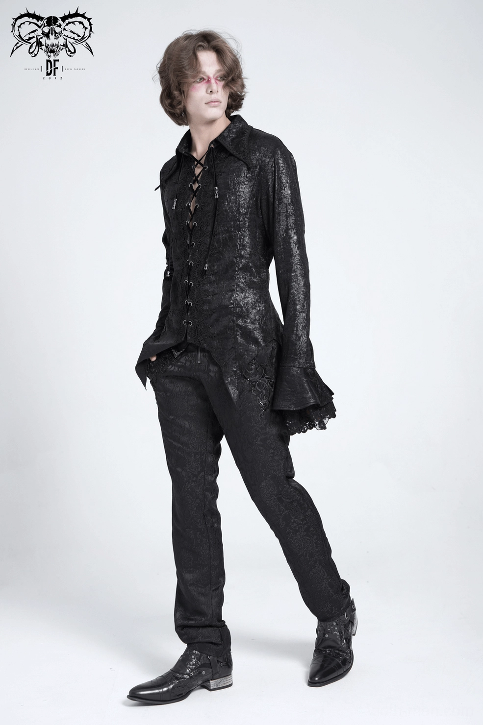Black victorian gothic shirt flat lay showing complete construction with dual lace-up systems
