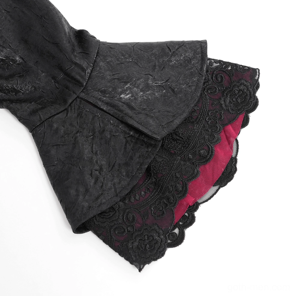 Gothic shirt cuff detail showing flared design with floral lace trim and metal eyelets