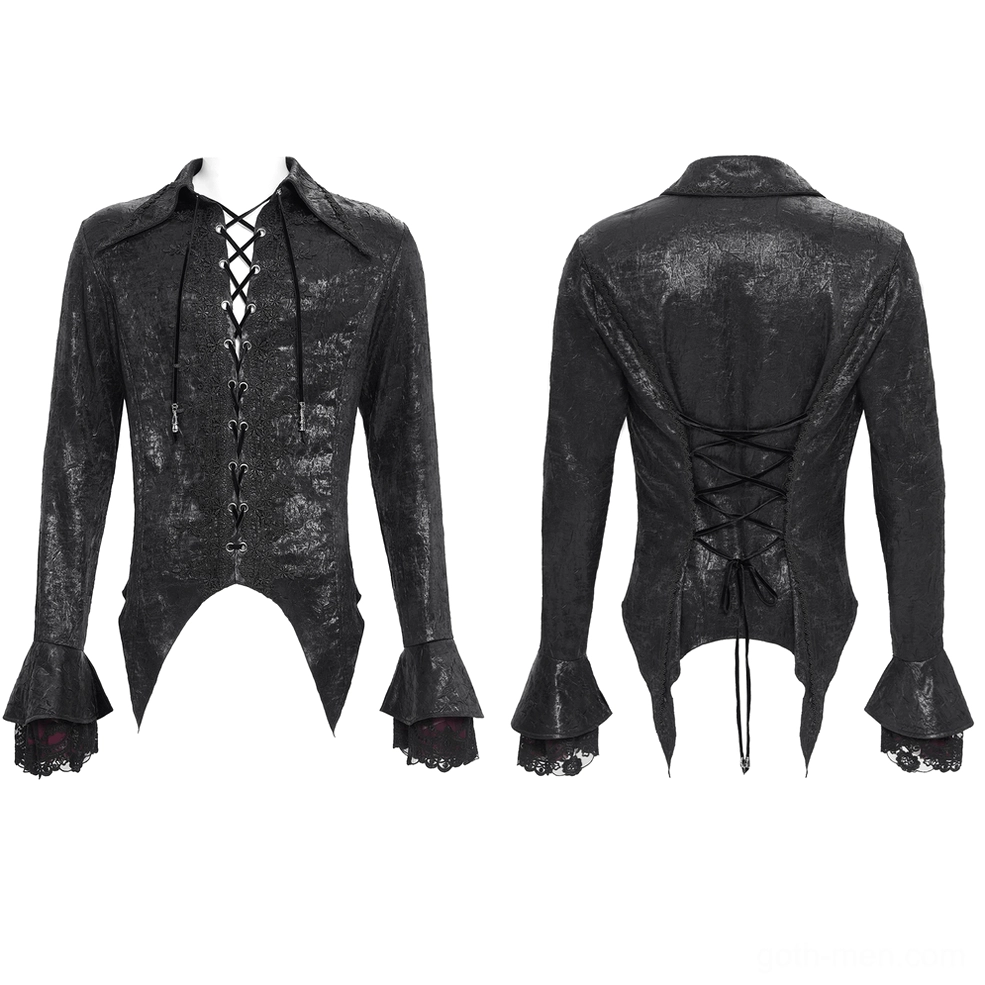 Victorian gothic lace-up shirt flat lay front and back view showing dual lace-up closure and pointed tail hem