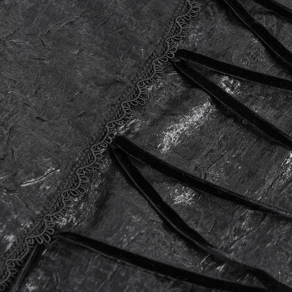 Black gothic lace-up shirt front lace-up closure detail and crushed velvet texture