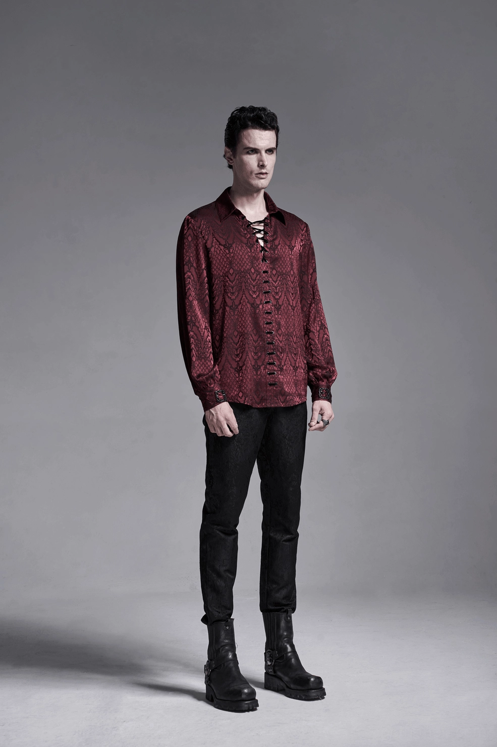Gothic jacquard lace-up shirt mannequin display showing front placket lace-up design and structured fit