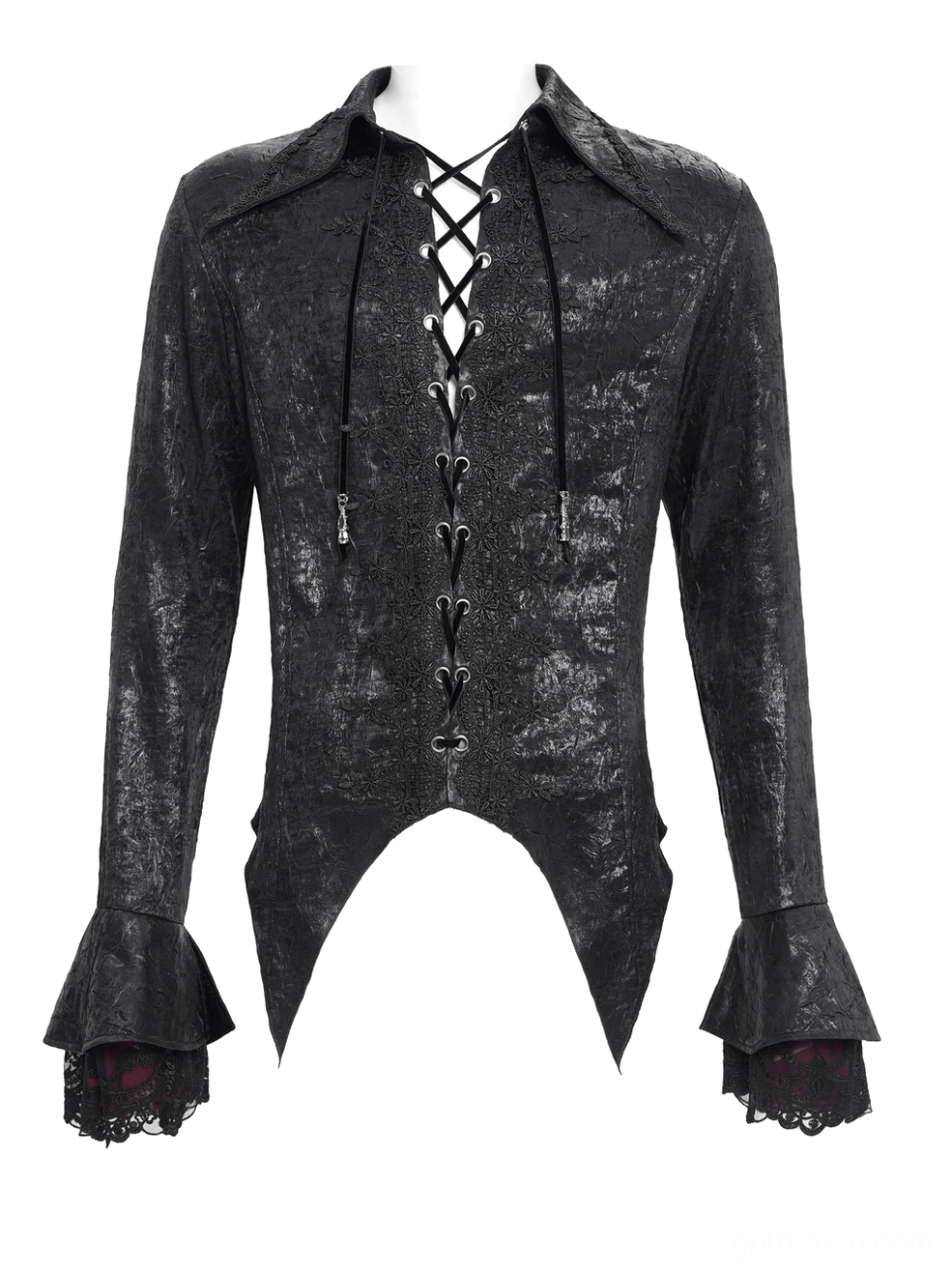 Gothic shirt mannequin display showing pointed collar front lace-up and flared lace-trimmed cuffs detail