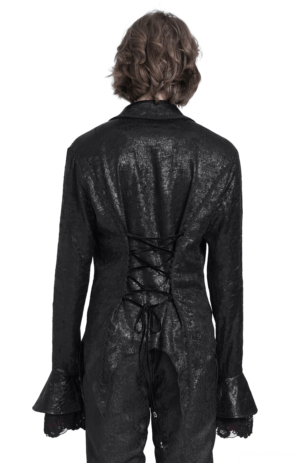 Men's gothic lace-up shirt back view showing corset lacing and asymmetric tail hem design