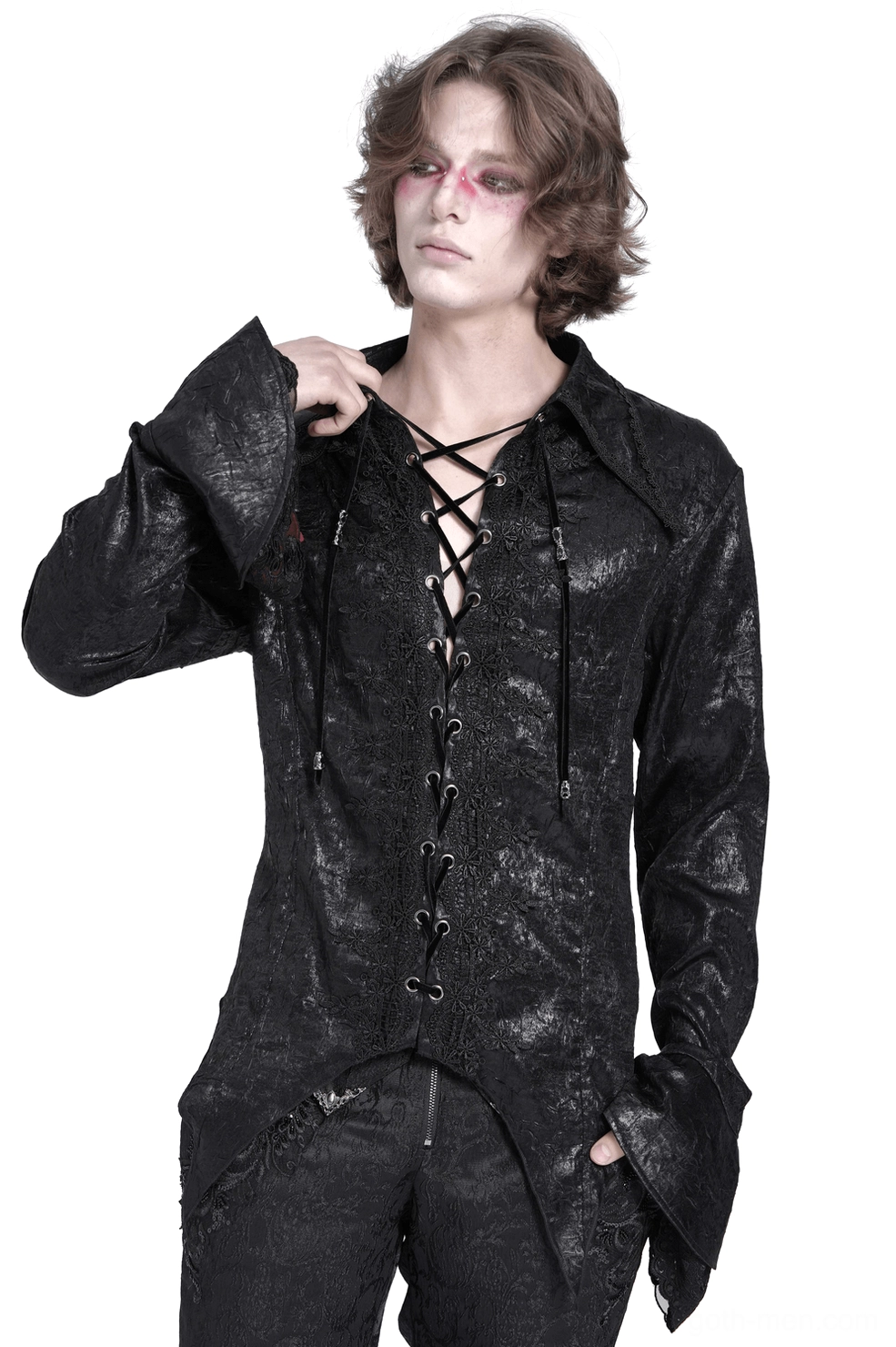 Black victorian gothic lace-up shirt front view with corset back and flared lace-trimmed cuffs on male model