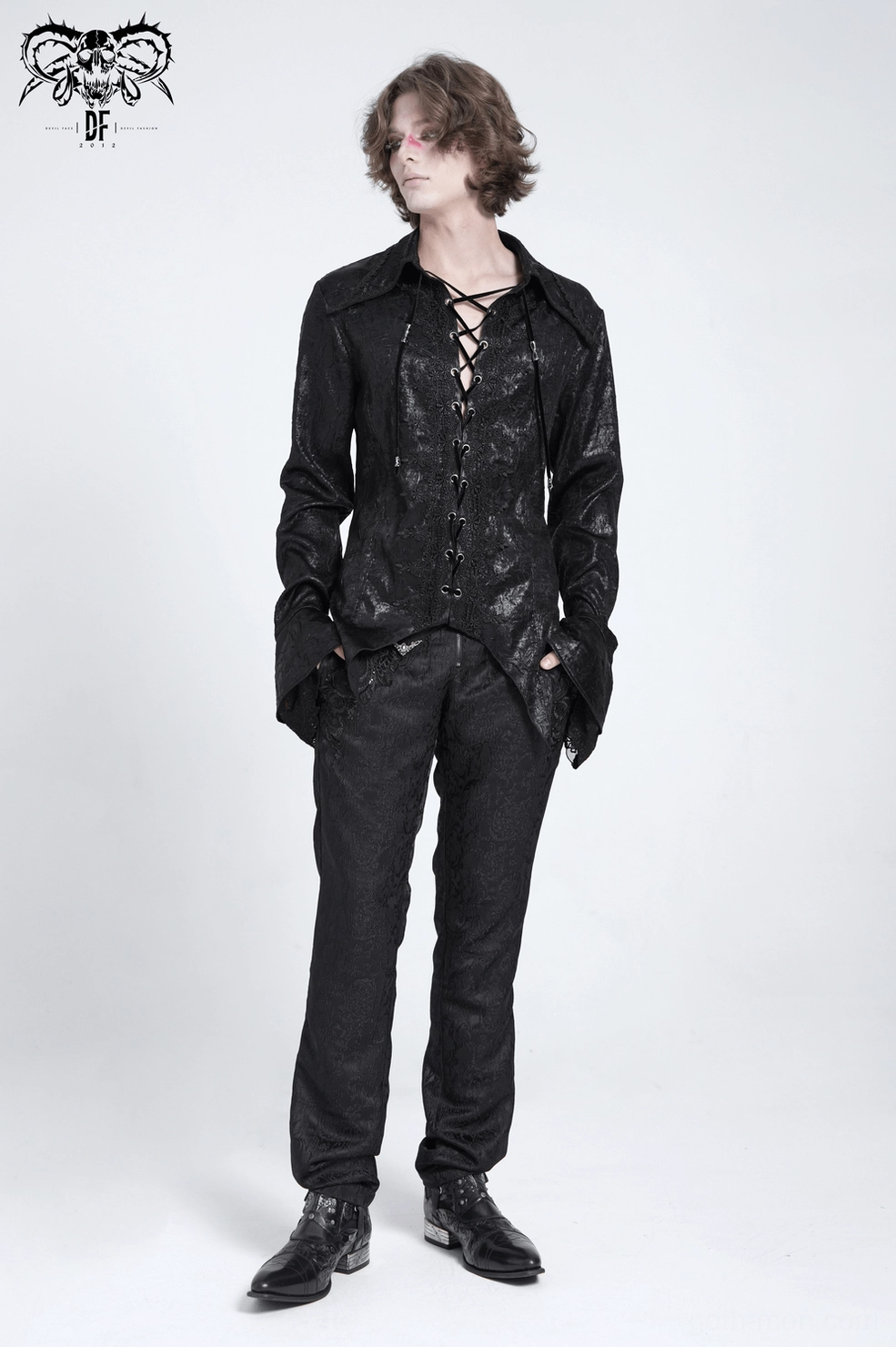 Gothic lace-up shirt detail view of metal eyelet placement and lace-up tightening system
