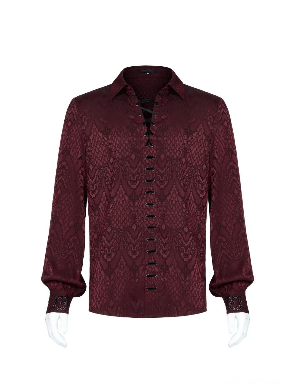 Men's gothic lace-up shirt point collar front view on mannequin showing structured tailored fit and ornate fabric