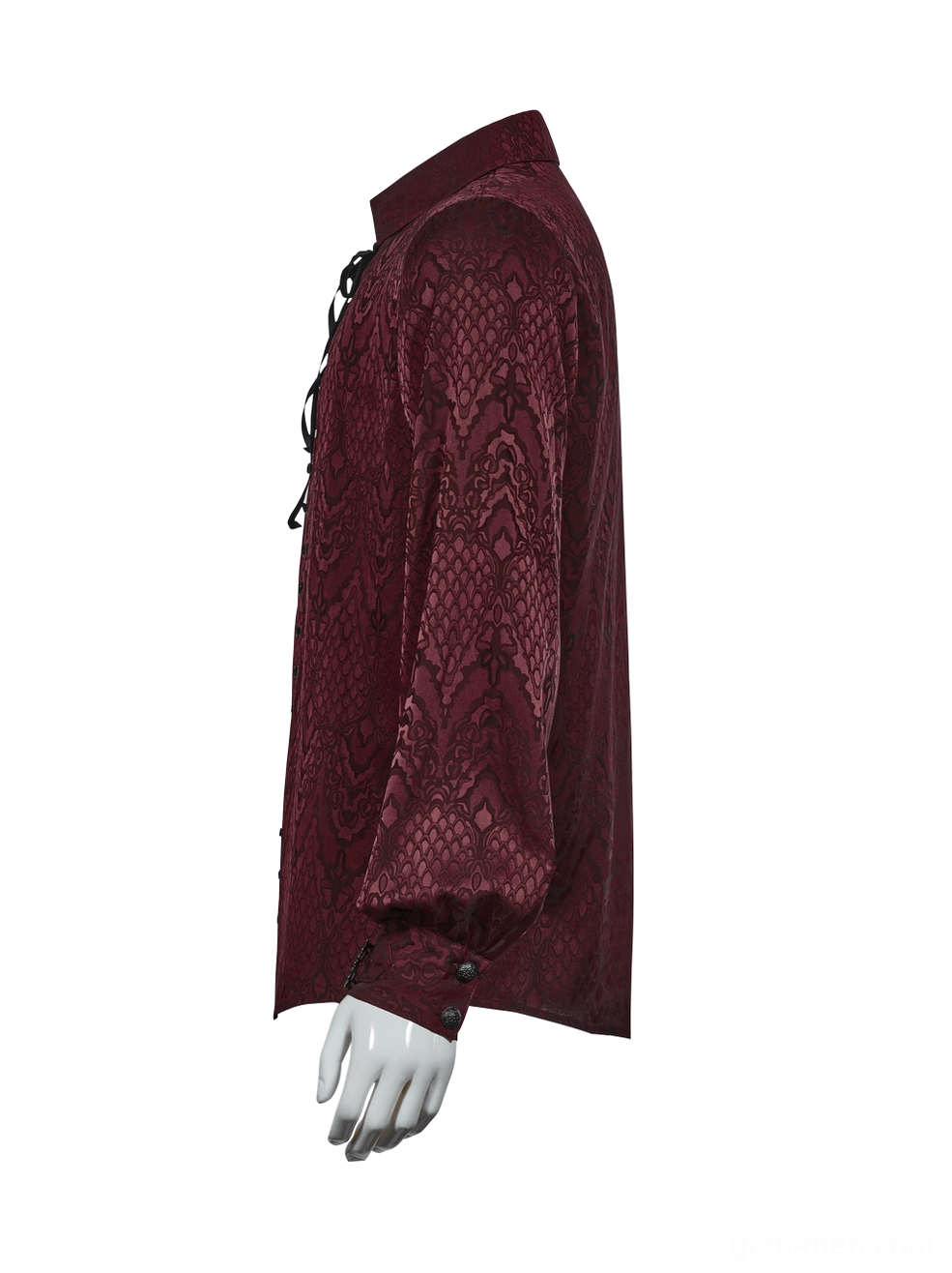 Men's gothic shirt side profile view on dress form displaying gathered sleeves and vertical lace-up design