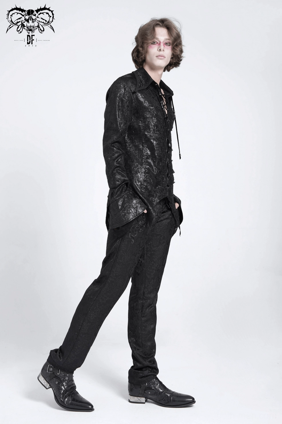 Gothic lace-up shirt side view showing fitted silhouette and pointed tail hem proportions