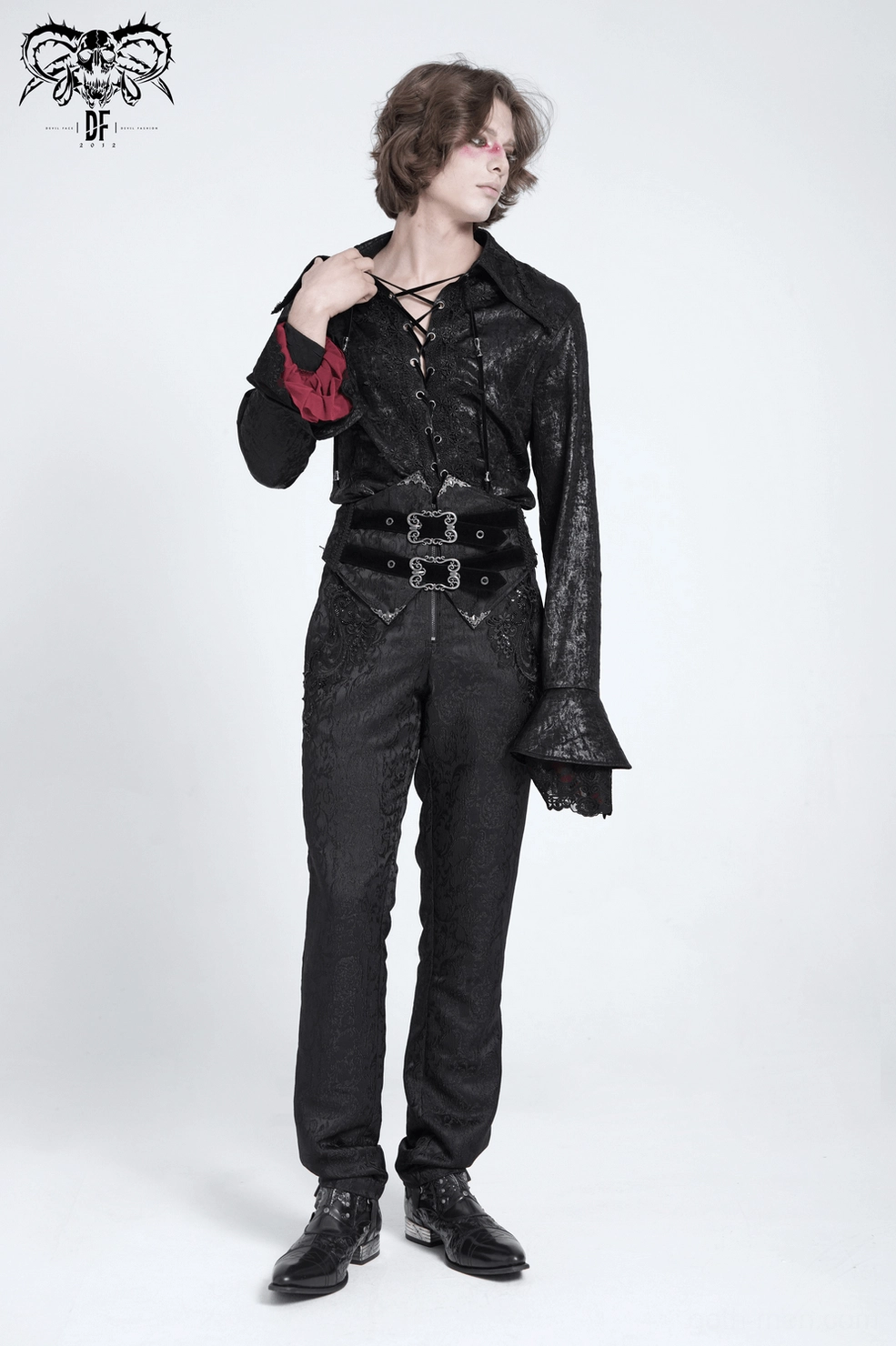Men's gothic lace-up shirt styling reference showing alternative fashion and dark aesthetic