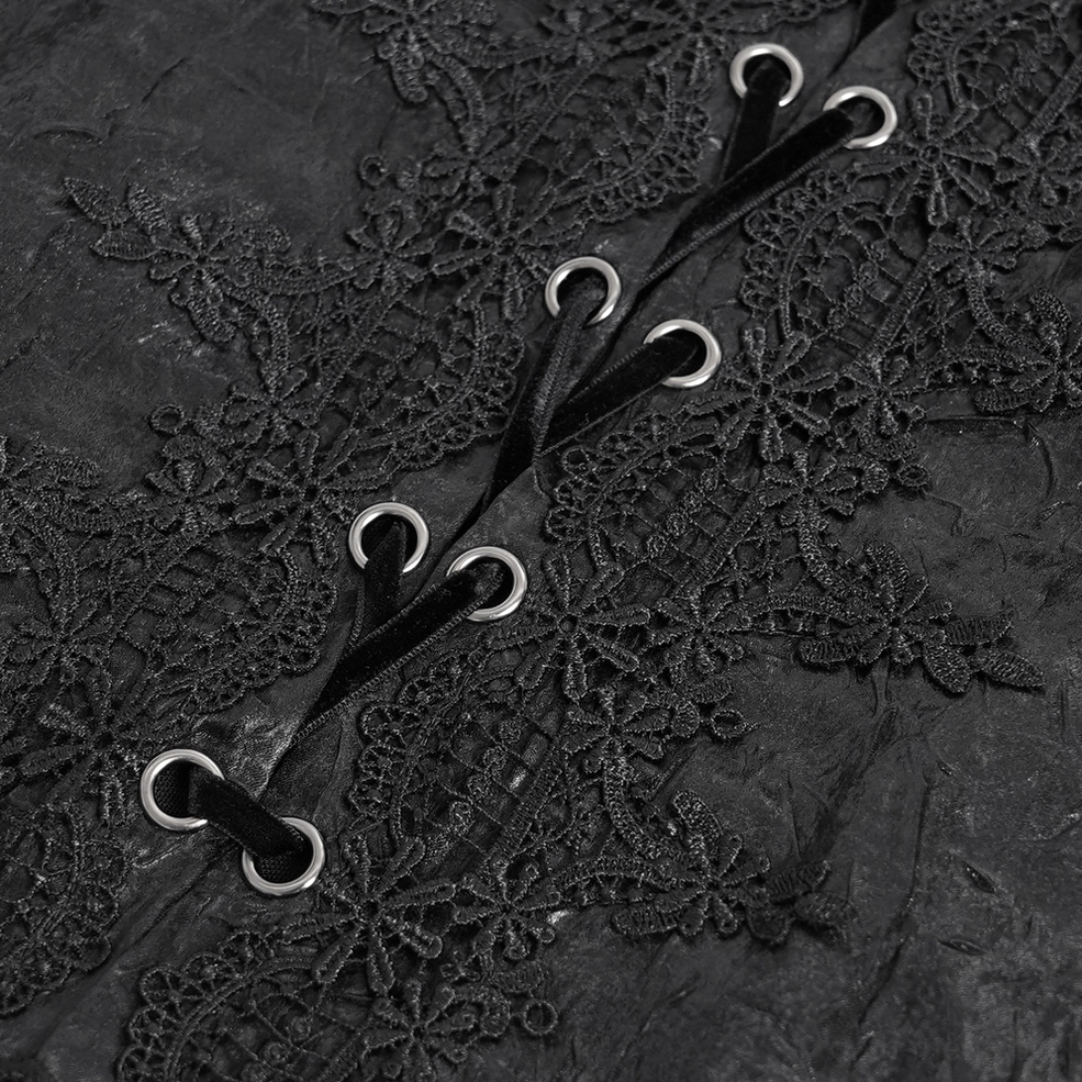 Victorian gothic lace-up shirt detail view of pointed tail hem and lace-trimmed cuff construction