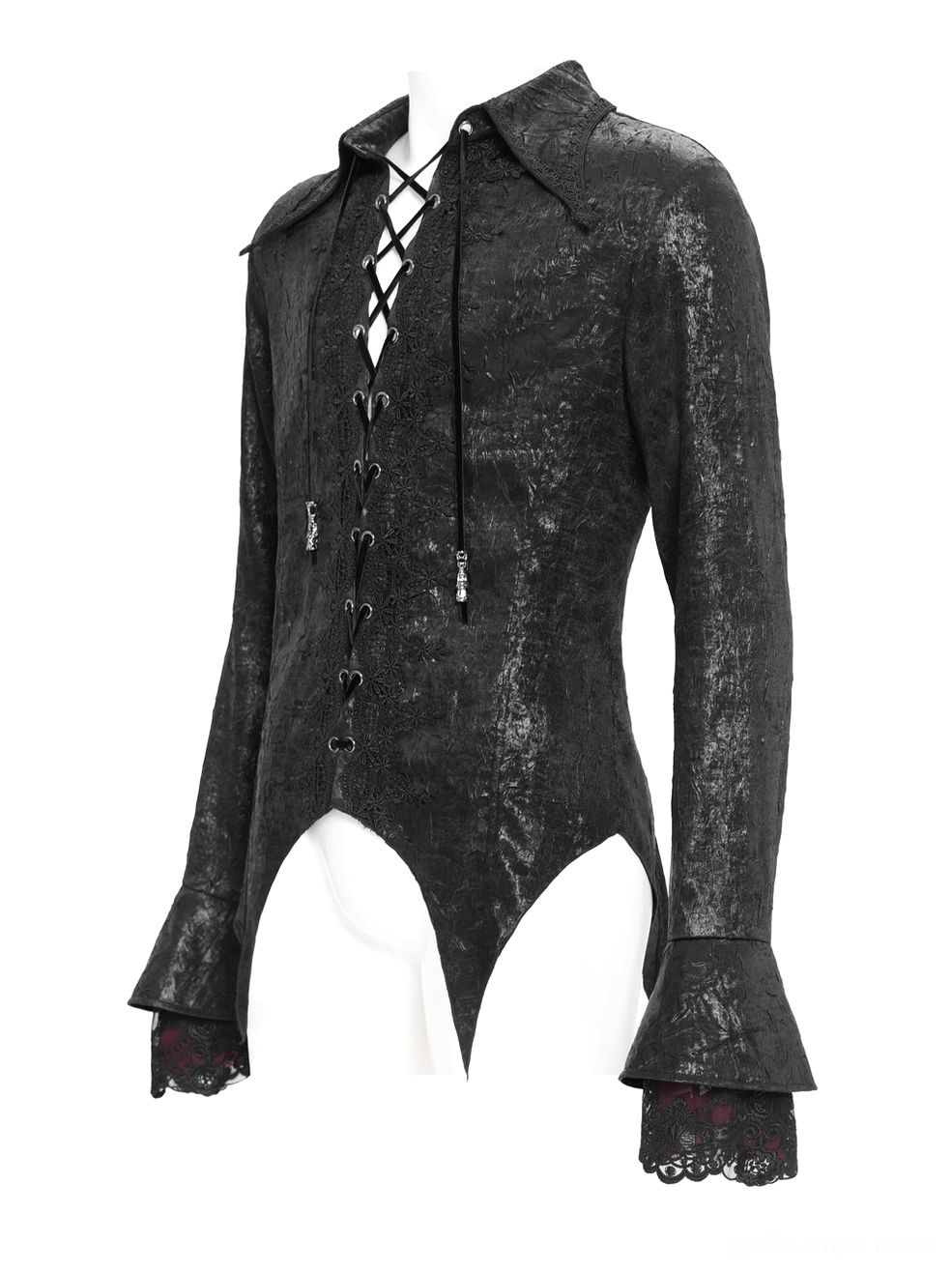 Victorian gothic lace-up shirt three-quarter mannequin view highlighting crushed velvet texture