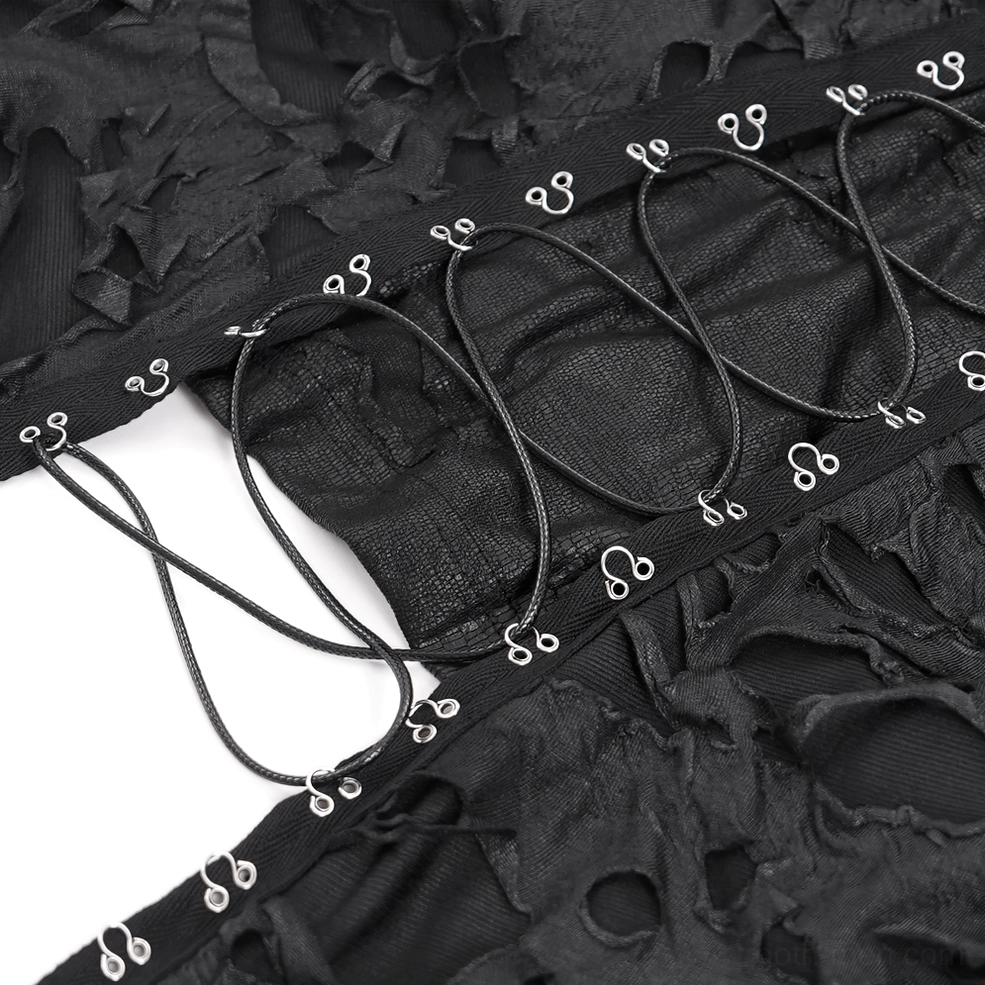 Close-up detail of black gothic sweatshirt lace-up system showing cord and metal eyelet construction