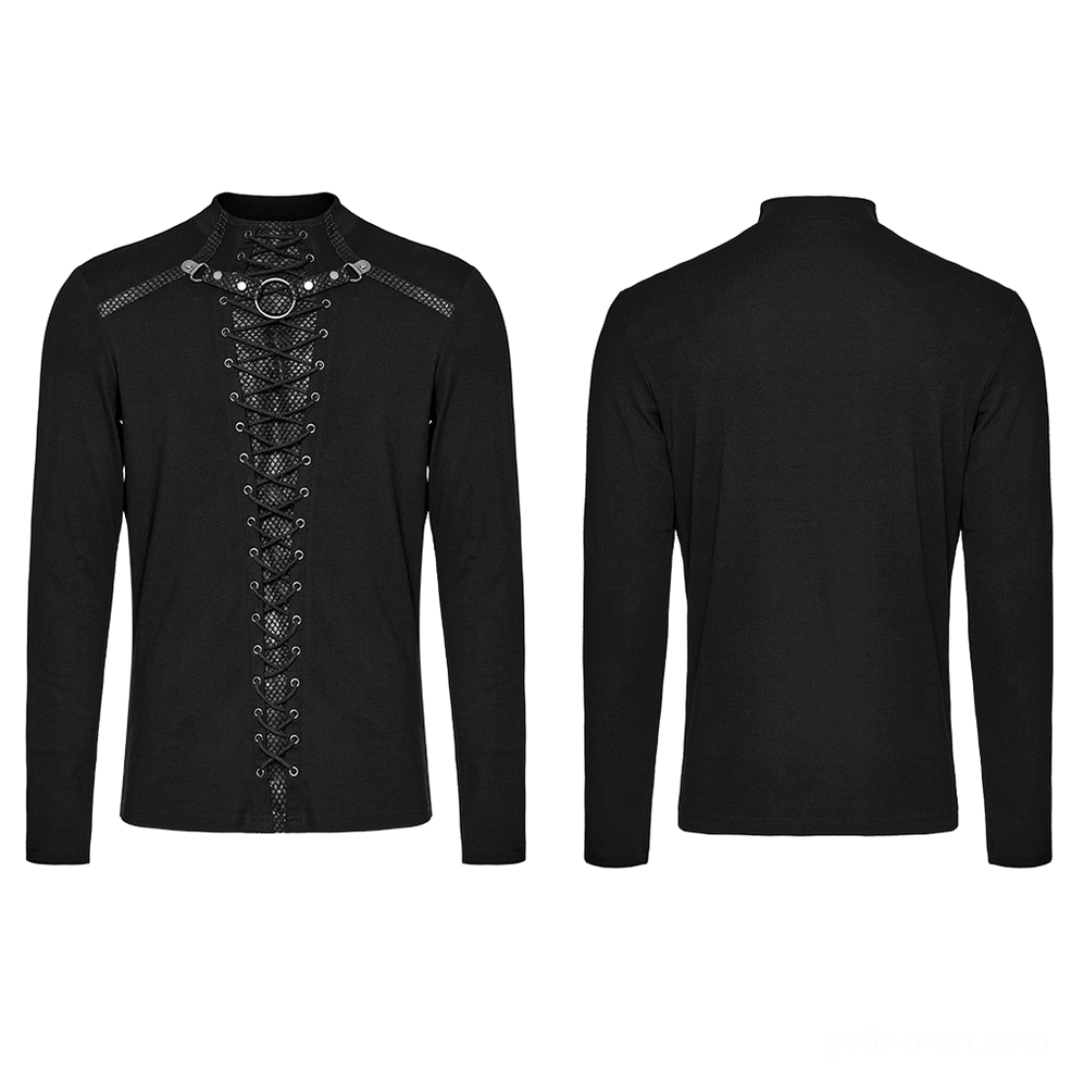 Flat lay front and back view of black gothic lace-up mesh top showing full design