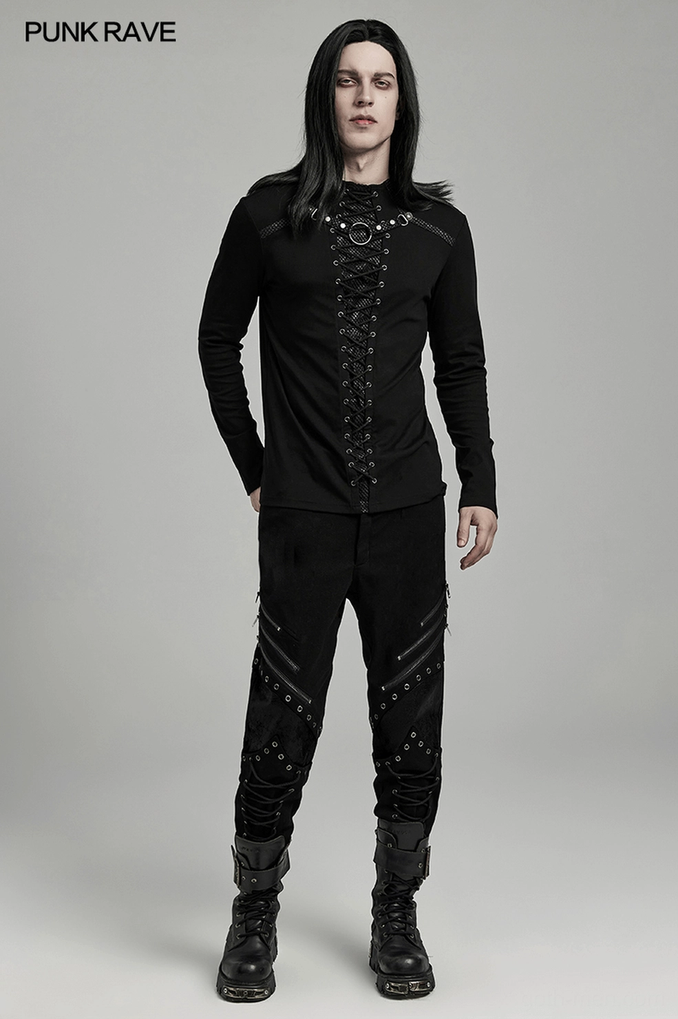 Black gothic lace-up mesh top showing iron ring hardware and mesh panel construction