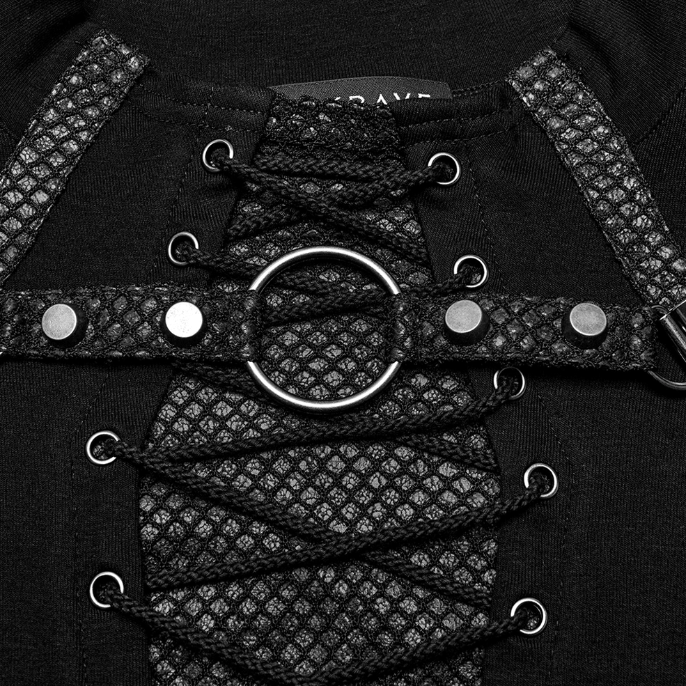 Close-up detail of black gothic lace-up mesh neckline with metal ring buckles and studded straps