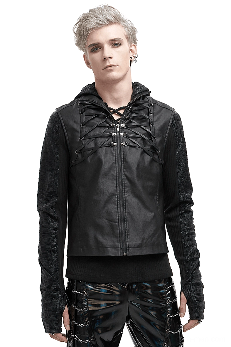 Front view of black gothic punk lace-up waistcoat on male model with stand collar and front zipper detail