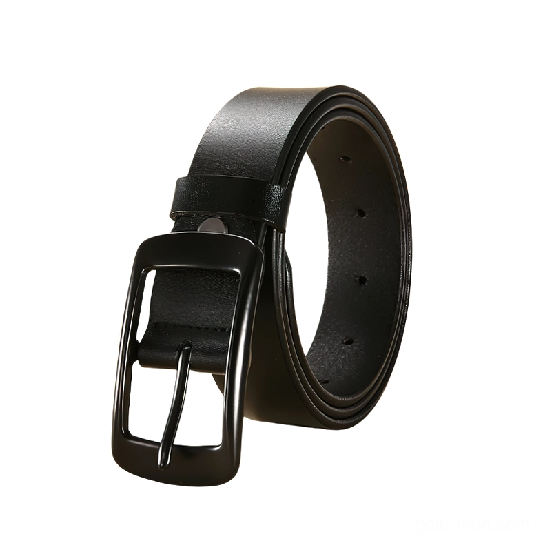 Genuine leather gothic belt with adjustment holes displayed, showing pin buckle mechanism and fit flexibility