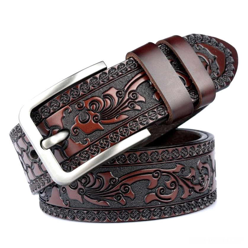 Deep coffee brown embossed gothic leather belt showcasing detailed hand-carved floral motifs