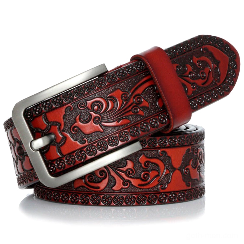 Rich red-brown embossed gothic leather belt with romantic floral pattern and metal buckle hardware