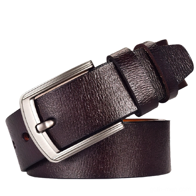 Rolled gothic leather belt showing texture and quality, side view with polished buckle