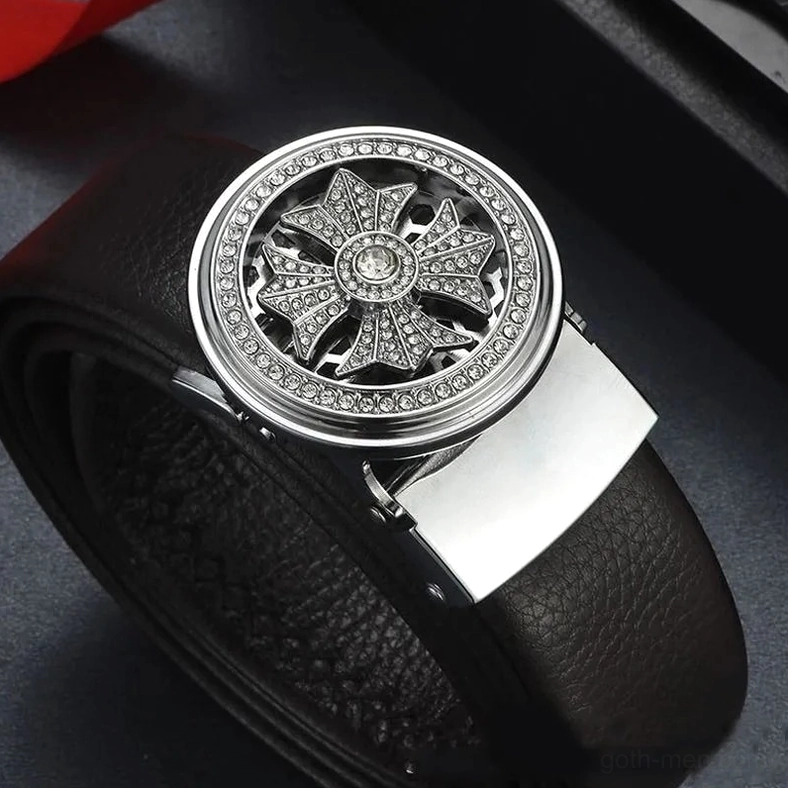 Side view of gothic automatic buckle belt showcasing silver rhinestone details and leather strap texture