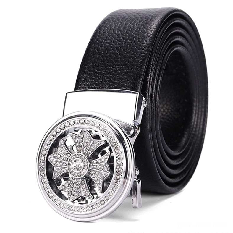 Gothic automatic buckle leather belt with silver rhinestone-carved buckle and black lychee grain genuine leather