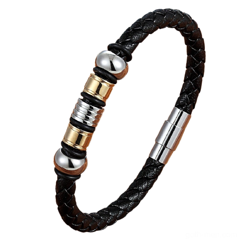 men's braided leather gothic bracelet gold accents stainless steel magnetic clasp front view