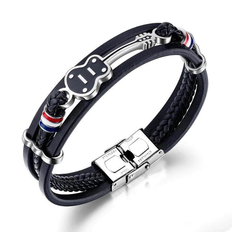 Multilayer leather bracelet featuring red-blue-white striped guitar charm and metal toggle clasp – gothic rock style